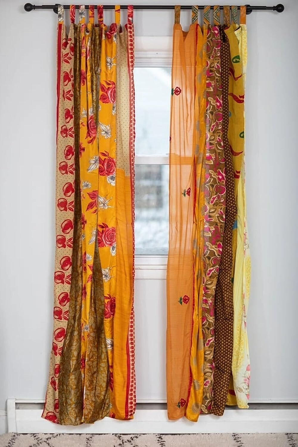 2 Pcs Indian Sari Patchwork Curtain Drape Window Decor Yellow Silk Sari Curtain