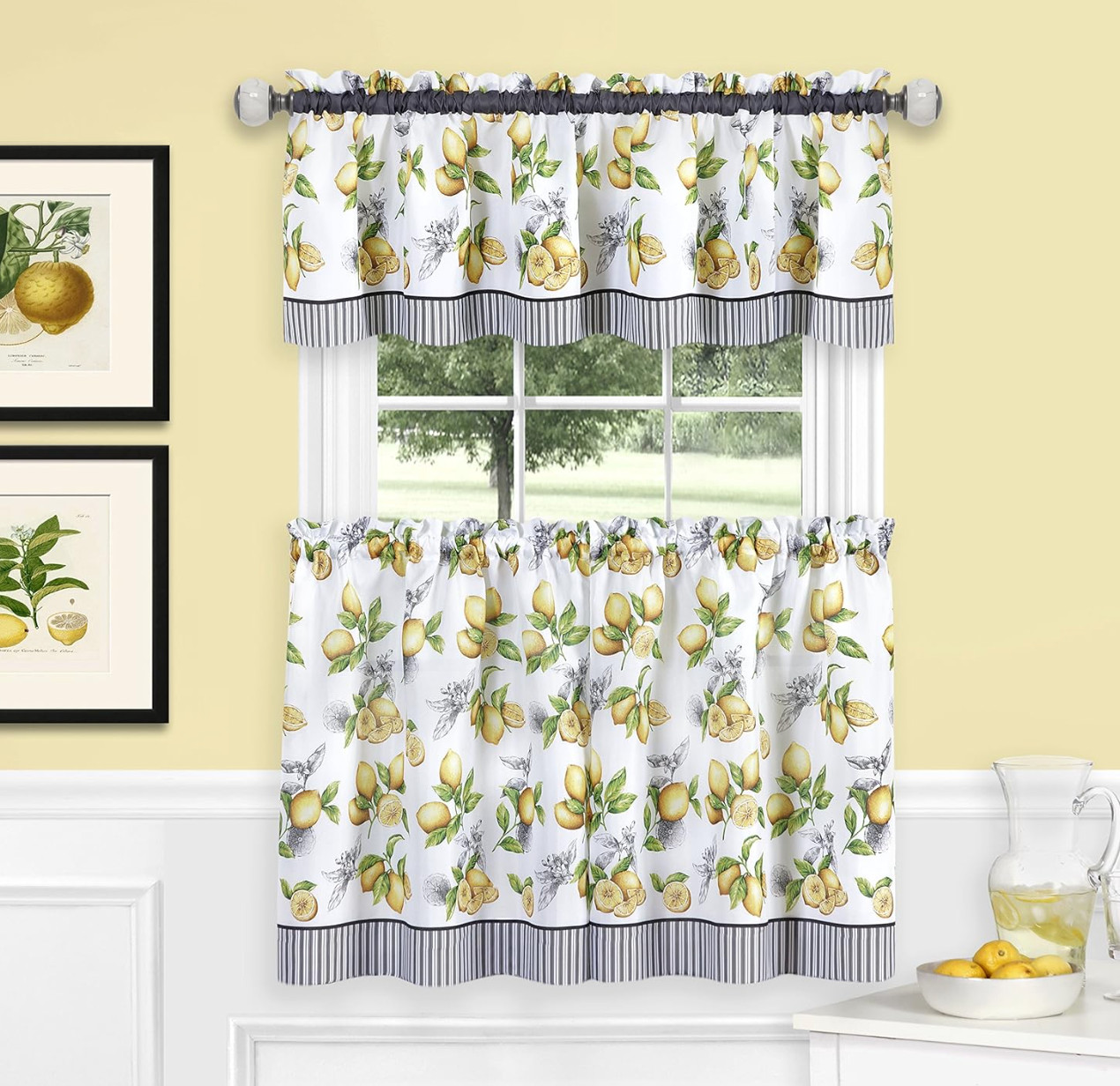 New Achim Lemon Drop Window Tier & Valance Set Black, Gray, White Stripes 58×24