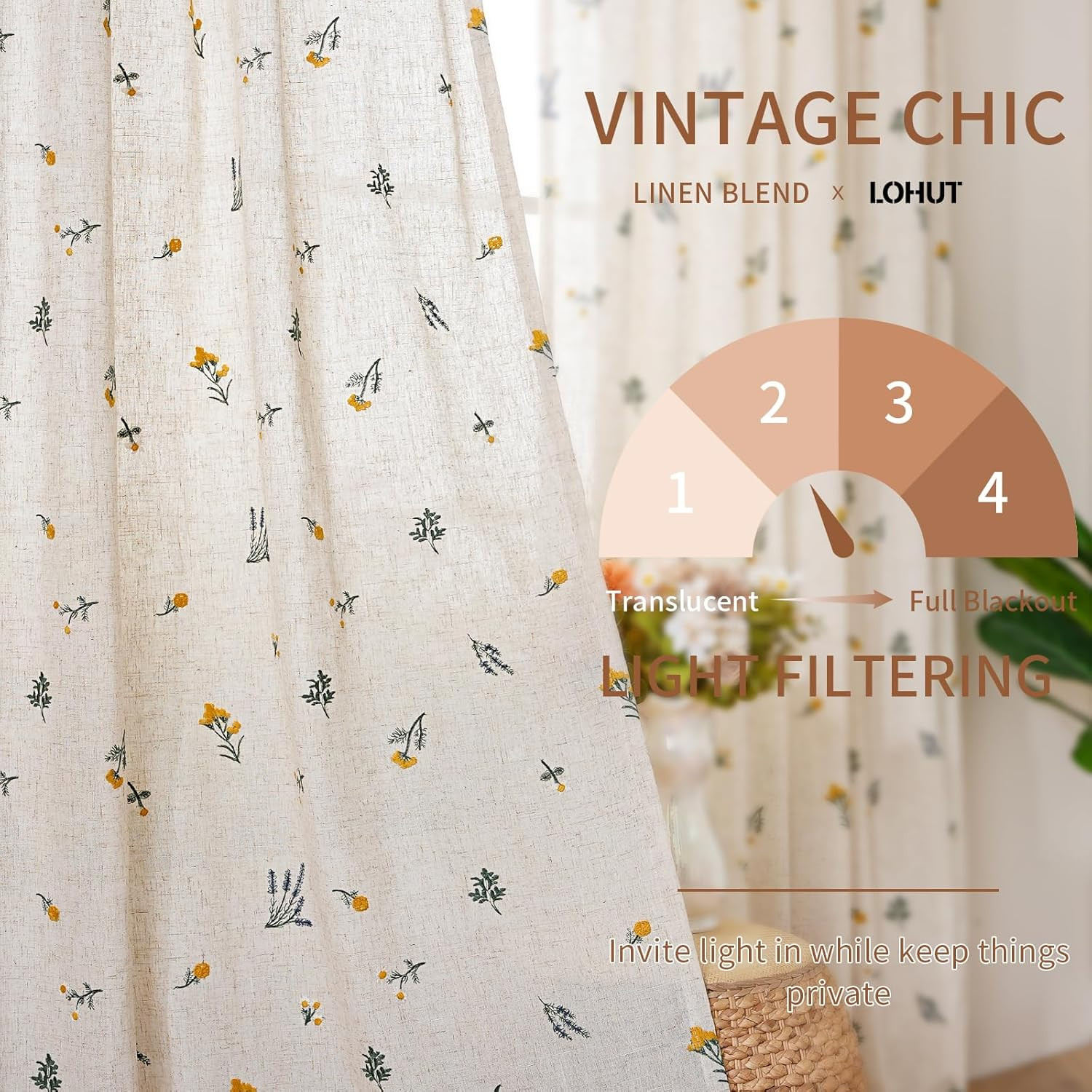 Boho Daisy Embroidered Linen Curtains 96″ Beige Floral Drapes, 2 Panels