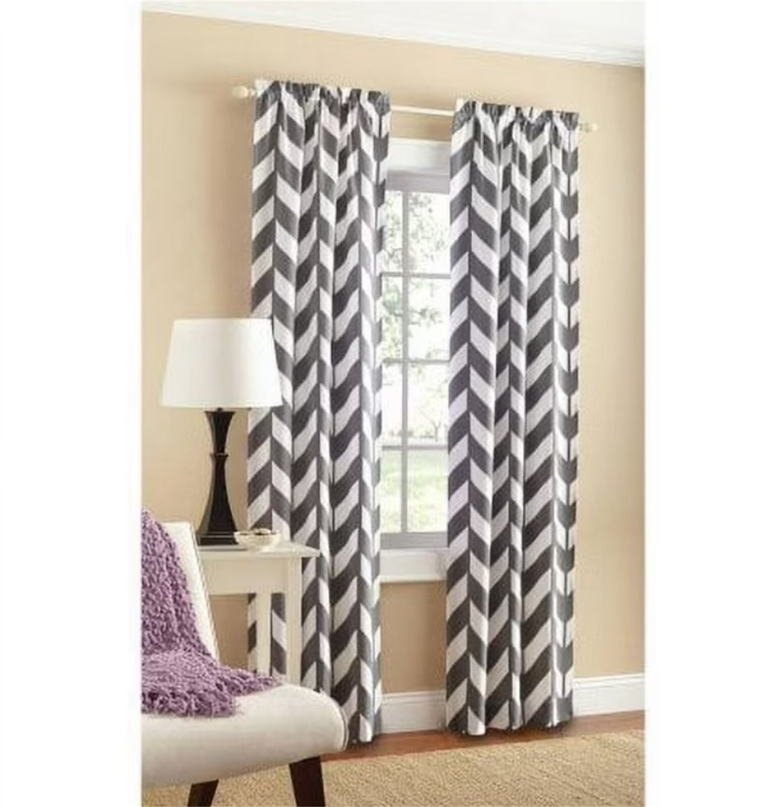 2 x Window Curtain Panel Drapes Chevron Mainstays Washable White Black 84 x 28