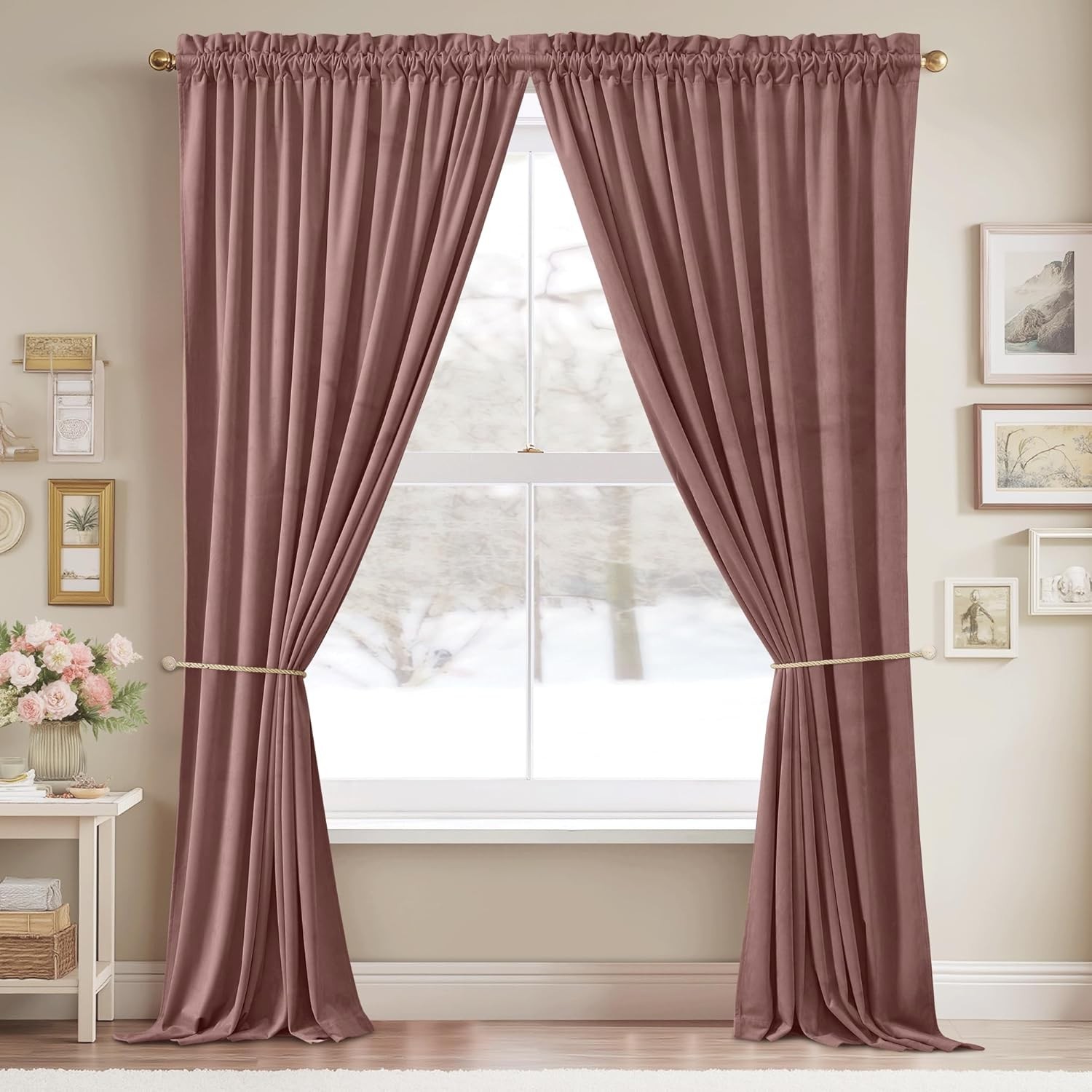 Elegant Wild Rose Velvet Curtains 102″ – Noise Reducing, Light Blocking Drapes