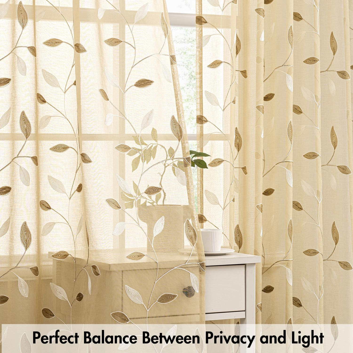 Beige Sheer Kitchen Curtains 30×36 2 Panels Faux Linen Leaf Embroidered