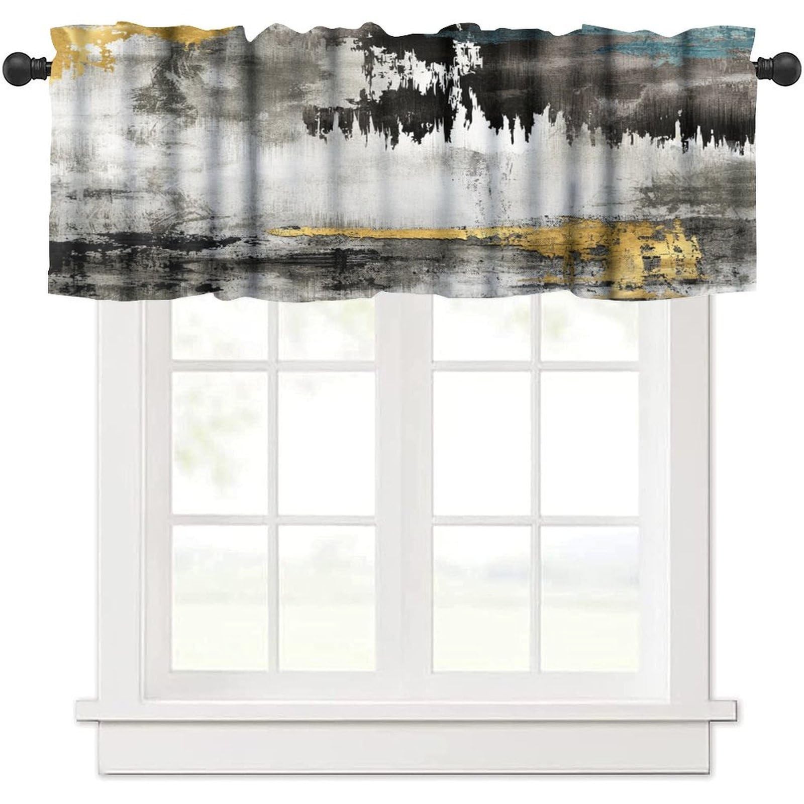 Abstract Art Valance Curtain,Gray Gold Modern Oil Painting Textured Window Tr…