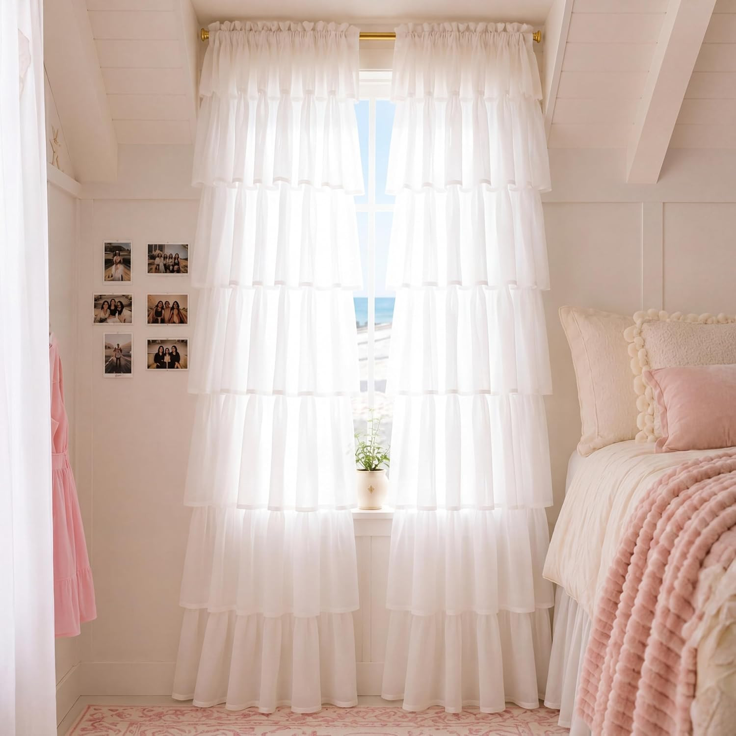 Dorm White Ruffle Curtain Flounced Ruffle Rod Pocket Curtain 52″ W X 84″ L Girl