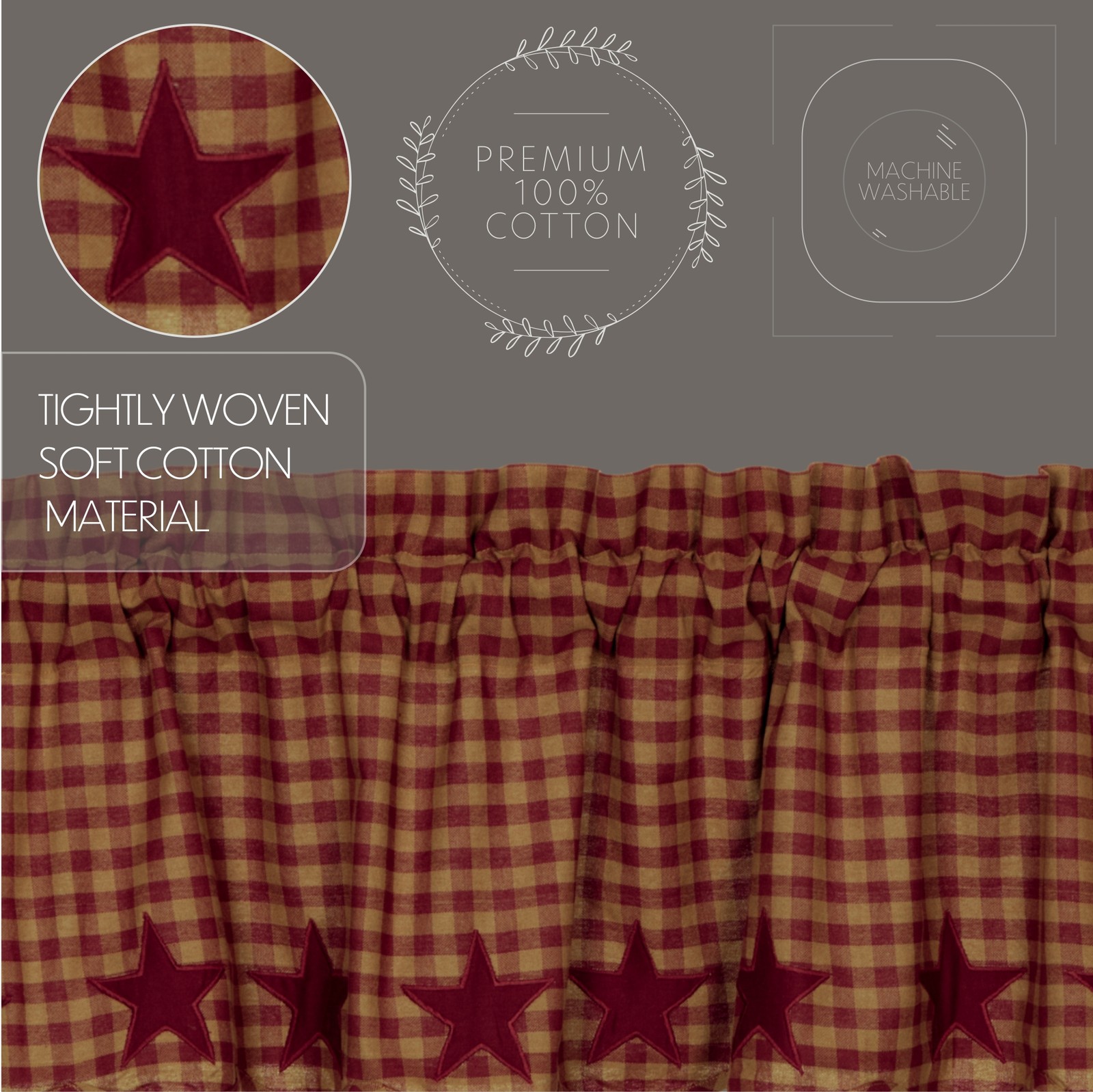 VHC Brands Primitive Swag Pair Red Rod Pocket Appliqued Kitchen Window Curtains