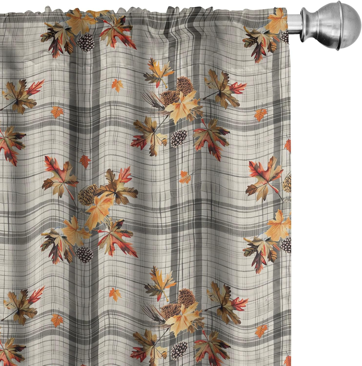 Fall Curtains, Bitonal Plaided Background with Pinecones and Maple Leaves Autumn
