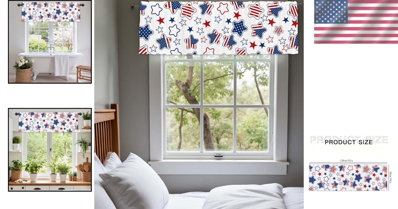 Easy Install 54×18 Red Blue Star Kitchen and Bedroom Curtains – Machine Washable