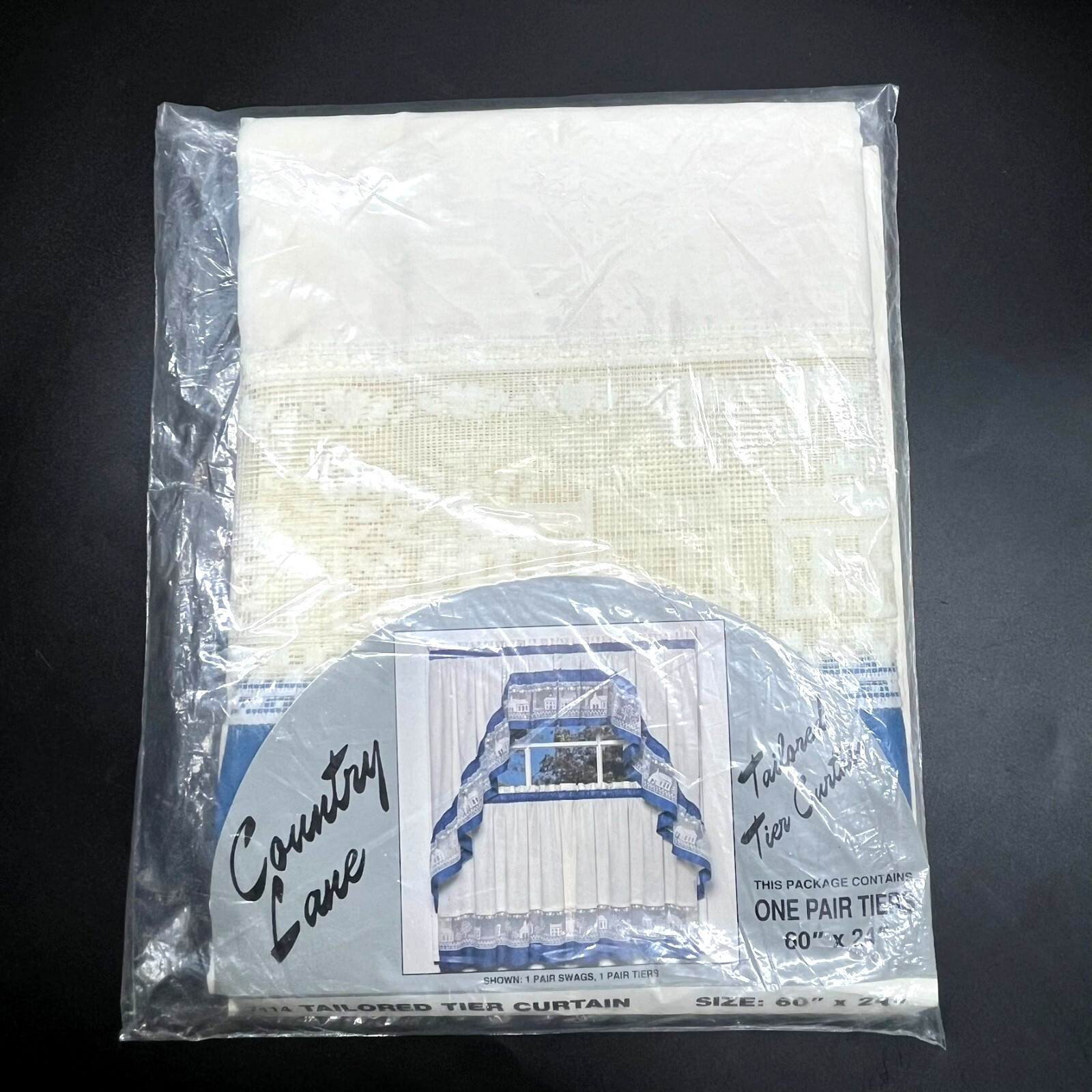 NWT VTG 90s Country Lane Tailored Tier Curtain 60×24 Blue White Lace Cottagecore