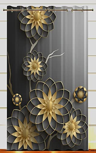 Polyester 3D Digital Beautiful Printed Door Curtain 7 Ft Pack of 2 Black Flower