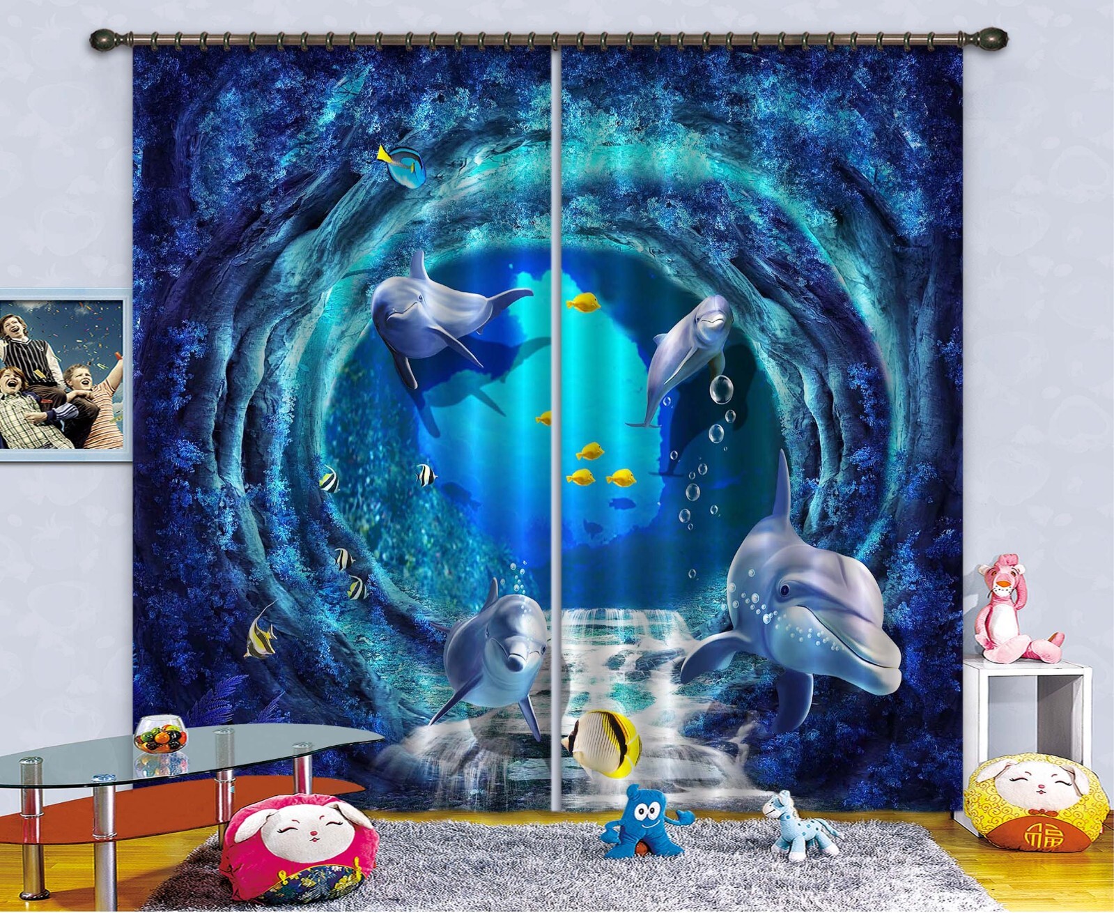 3D Blue Dolphin Fish ZHUA1615 Photo Curtain Window Blockout Fabric Amy 2023