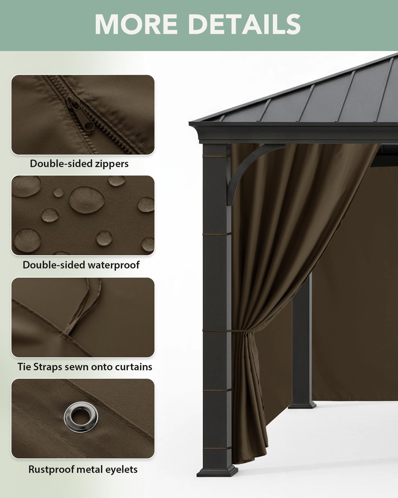 Gazebo Curtains Outdoor Waterproof – 12’Wx12’Lx7.9’H Windproof Patio Pergola …