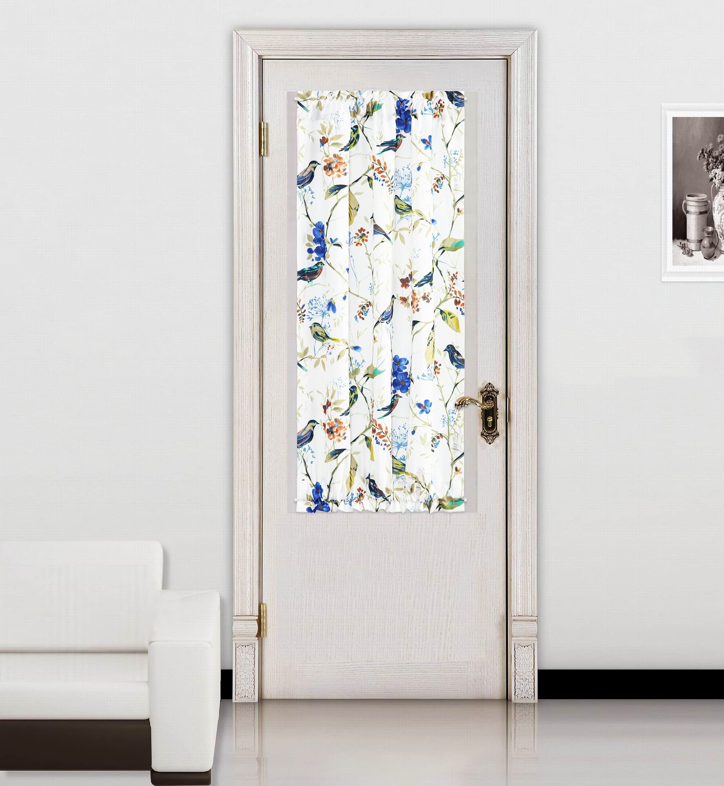 Blue Print French Door Panel, Natural Birds & Flowers Design Classic Drapes f…