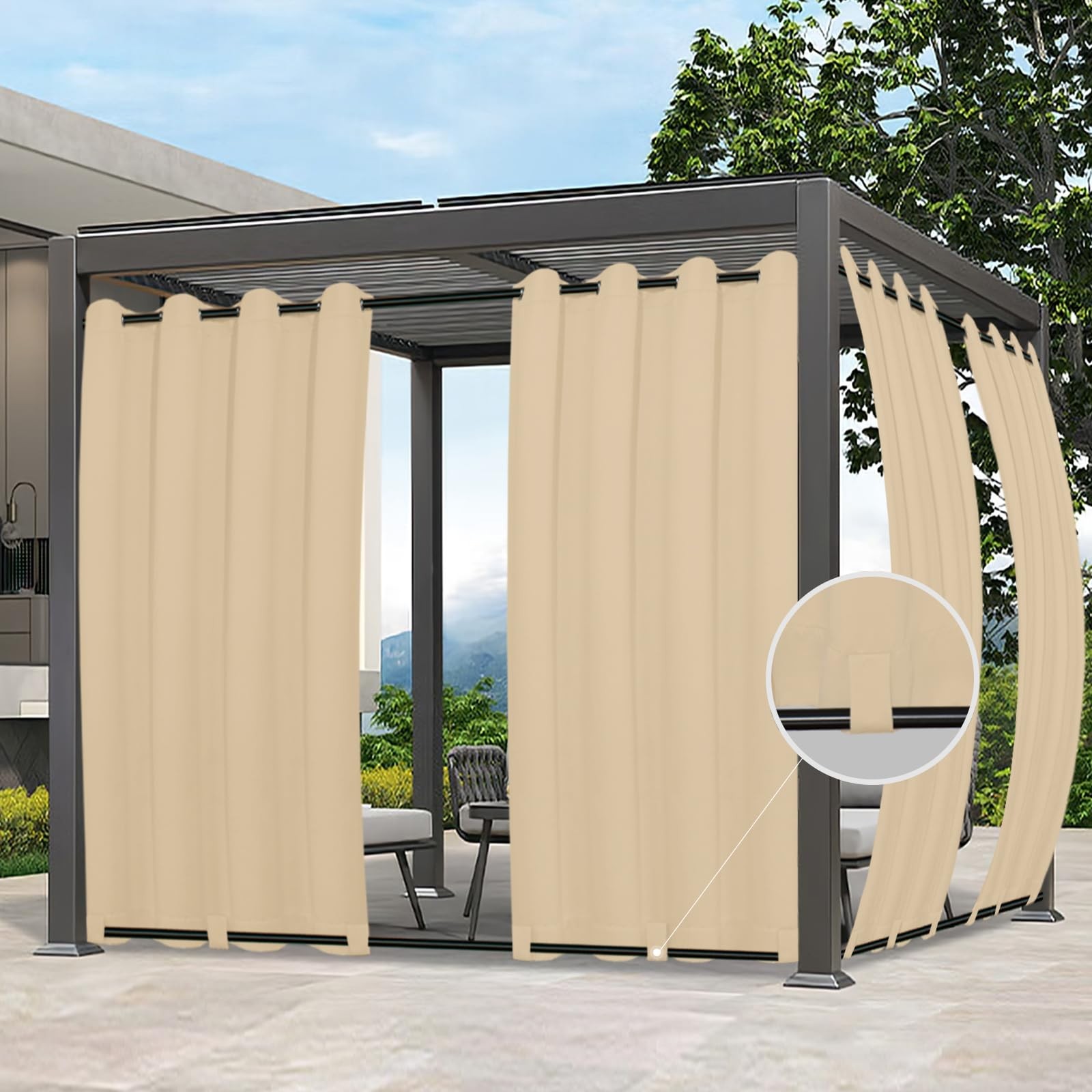 Easy-Going Outdoor Curtains Waterproof 54″W x 84″L (Pack of 1), Beige