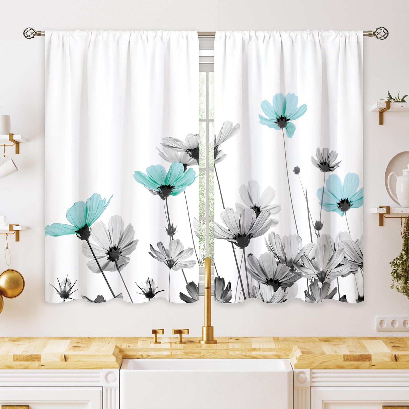 Farmhouse Teal Grey Floral Kitchen Curtains Rustic Flower Window Treatment Wi…