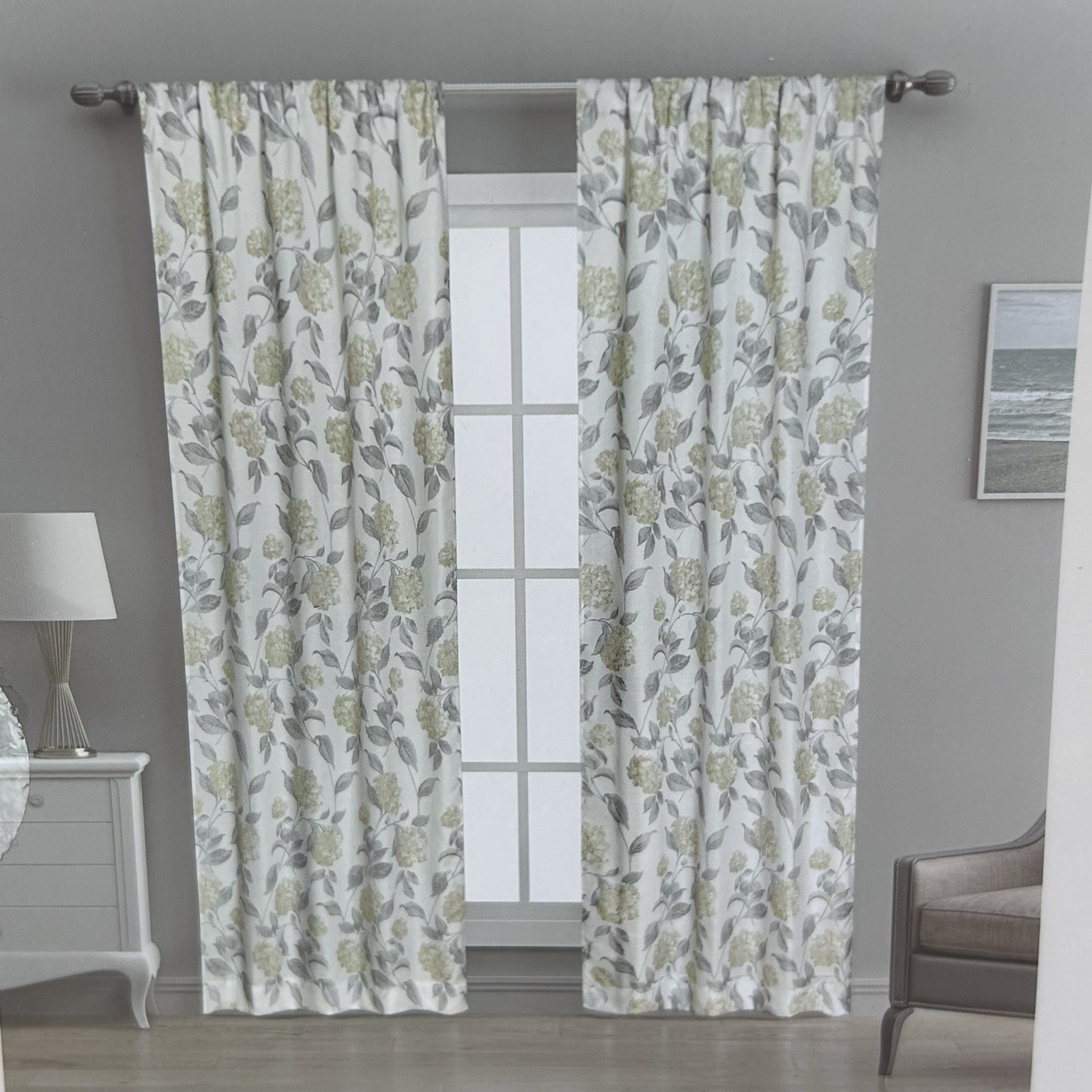 Laura Ashley HYDRANGEA Curtains 2 Panel Set ~ Taupe Gray White ~ Pole Top 38×84″