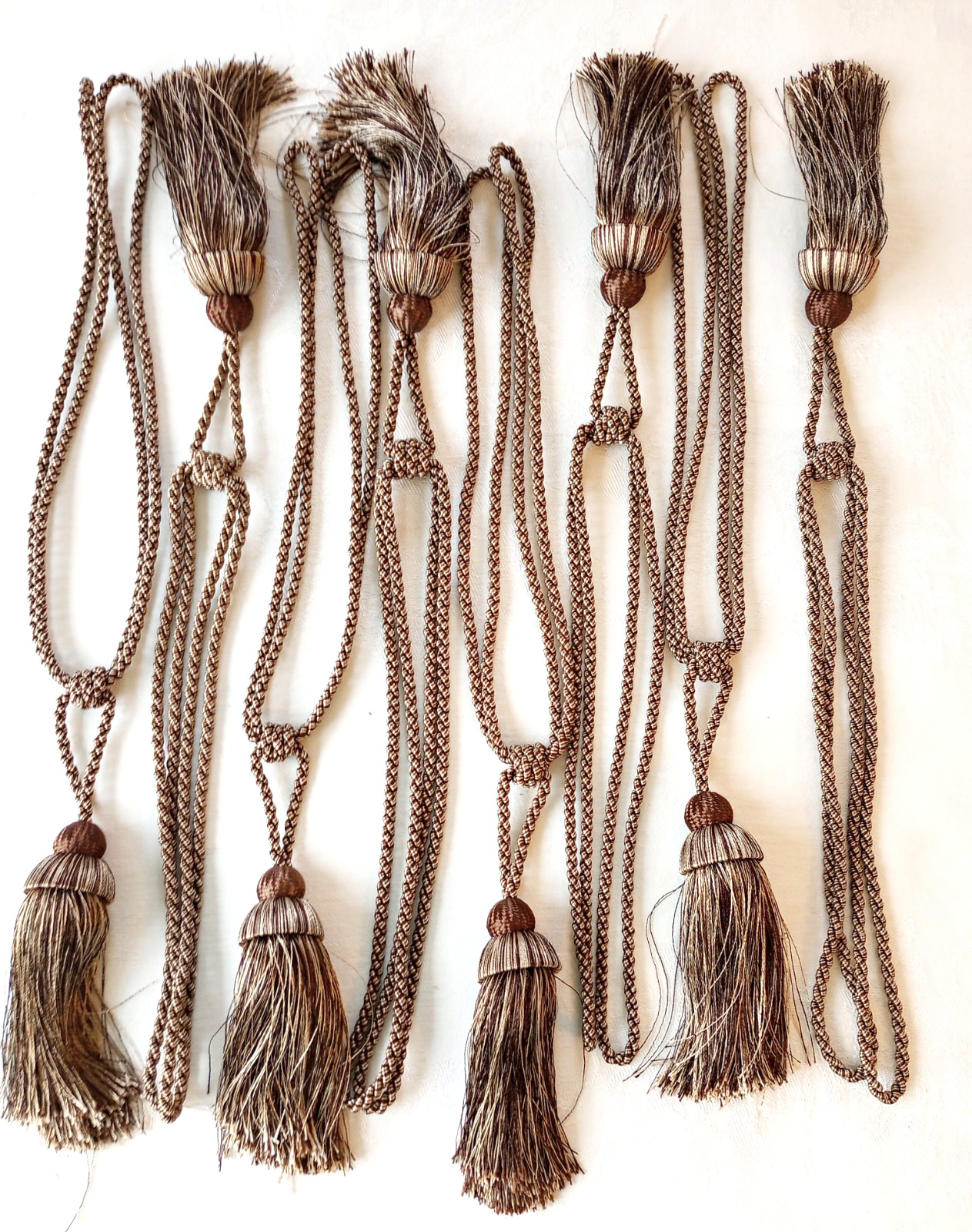 Set of 8 Corded Window Tiebacks with Tassels Satin Finish Brown Taupe Home Decor