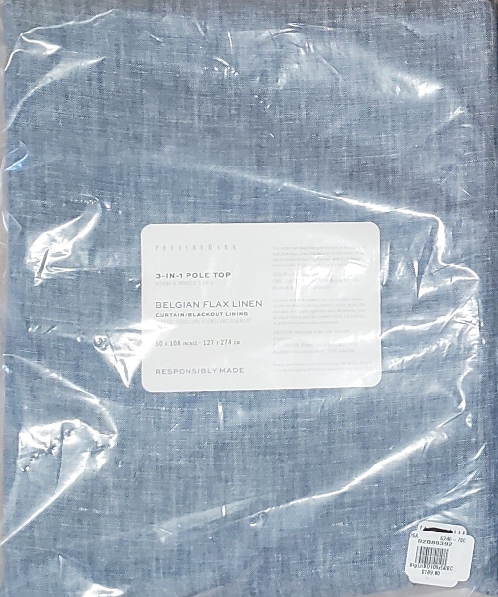 2 Pottery Barn BELGIAN FLAX LINEN Pole Top BLACKOUT Drapes~50×108″~BLUE CHAMBRAY