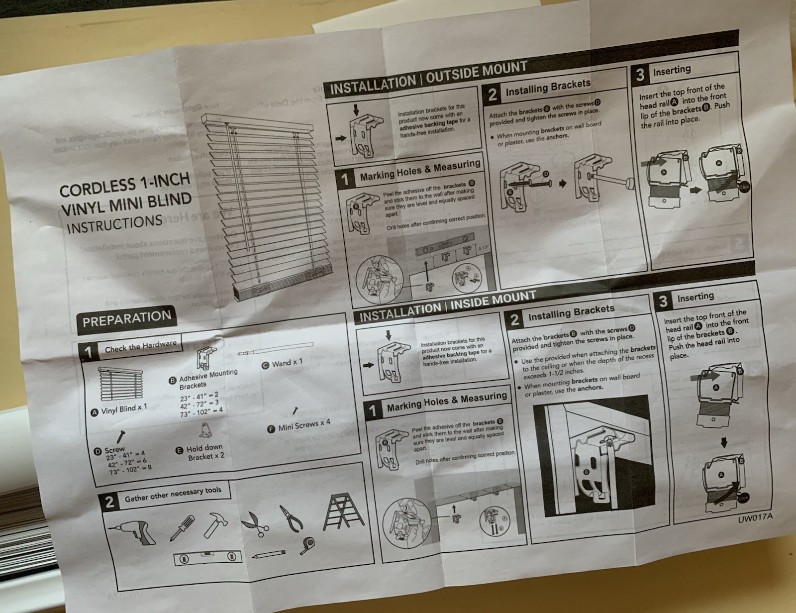 Window Blind 1pc. 16”x48”Cordless, White, NewInBox, With hardware + Instructions