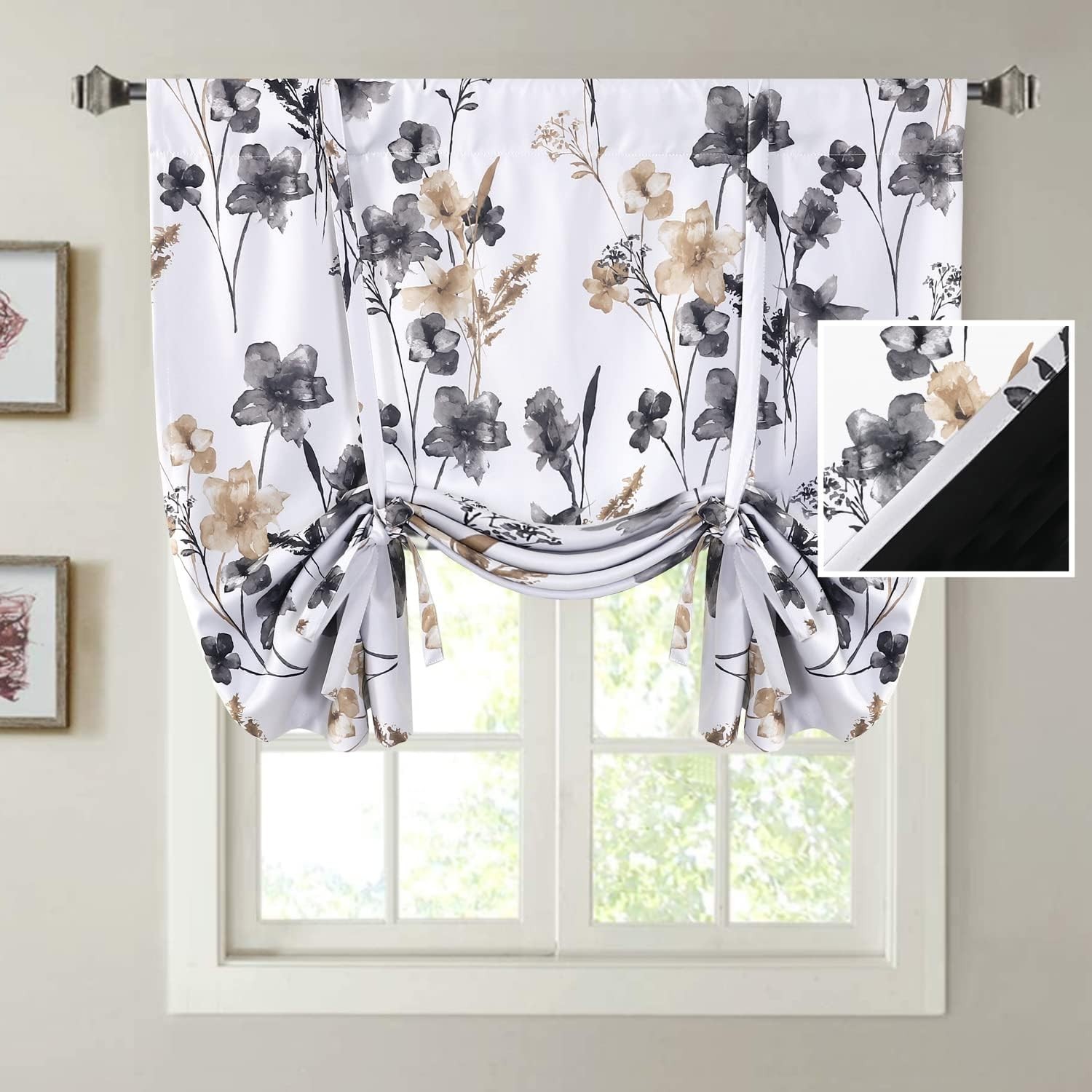 100% Blackout Tie Up Curtains 42″W x 45″L (Pack of 1) Cattleya in Grey/Taupe