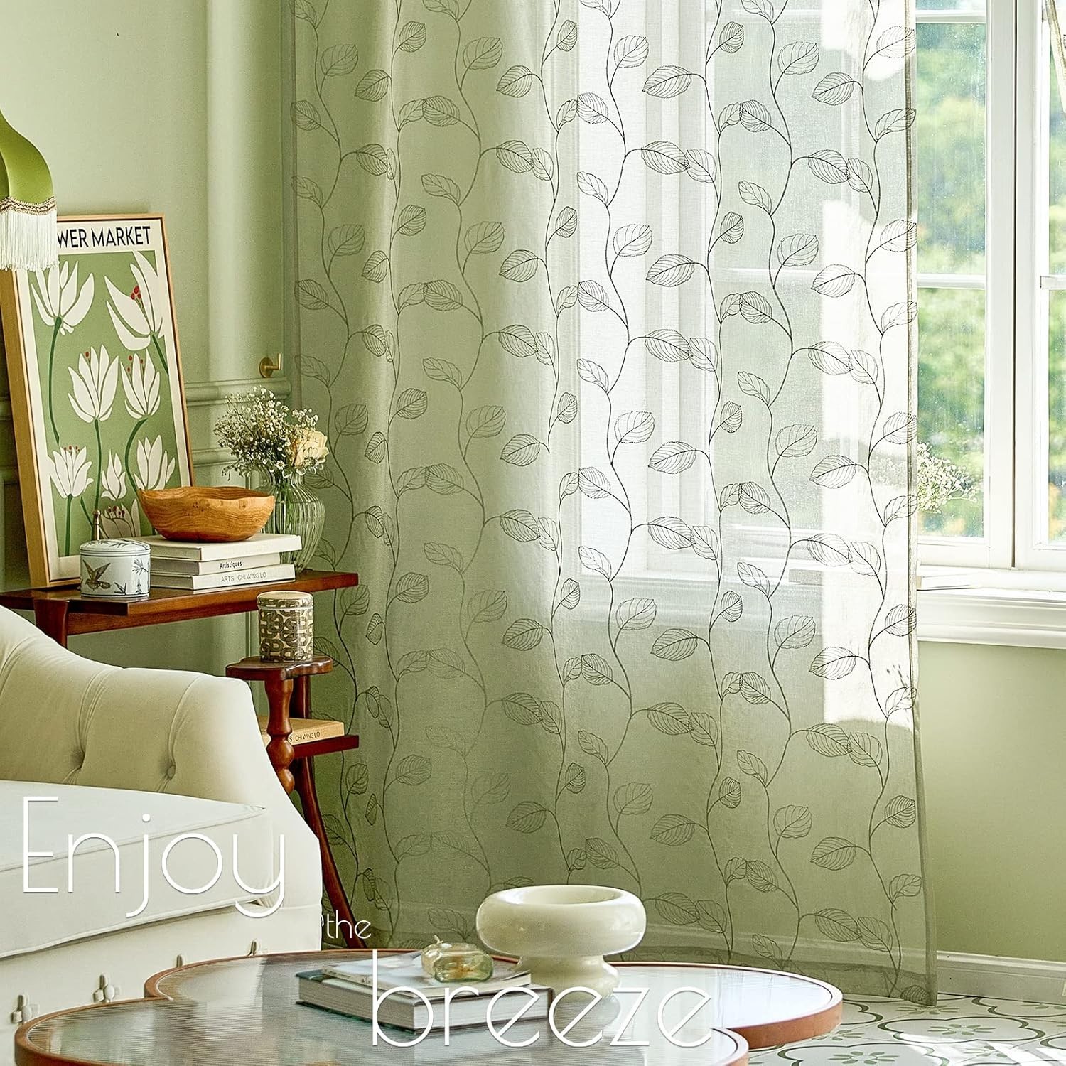 Sage Sheer Curtains Leaf Embroidered 96 Inch Long for Living Room Bedroom Rod…