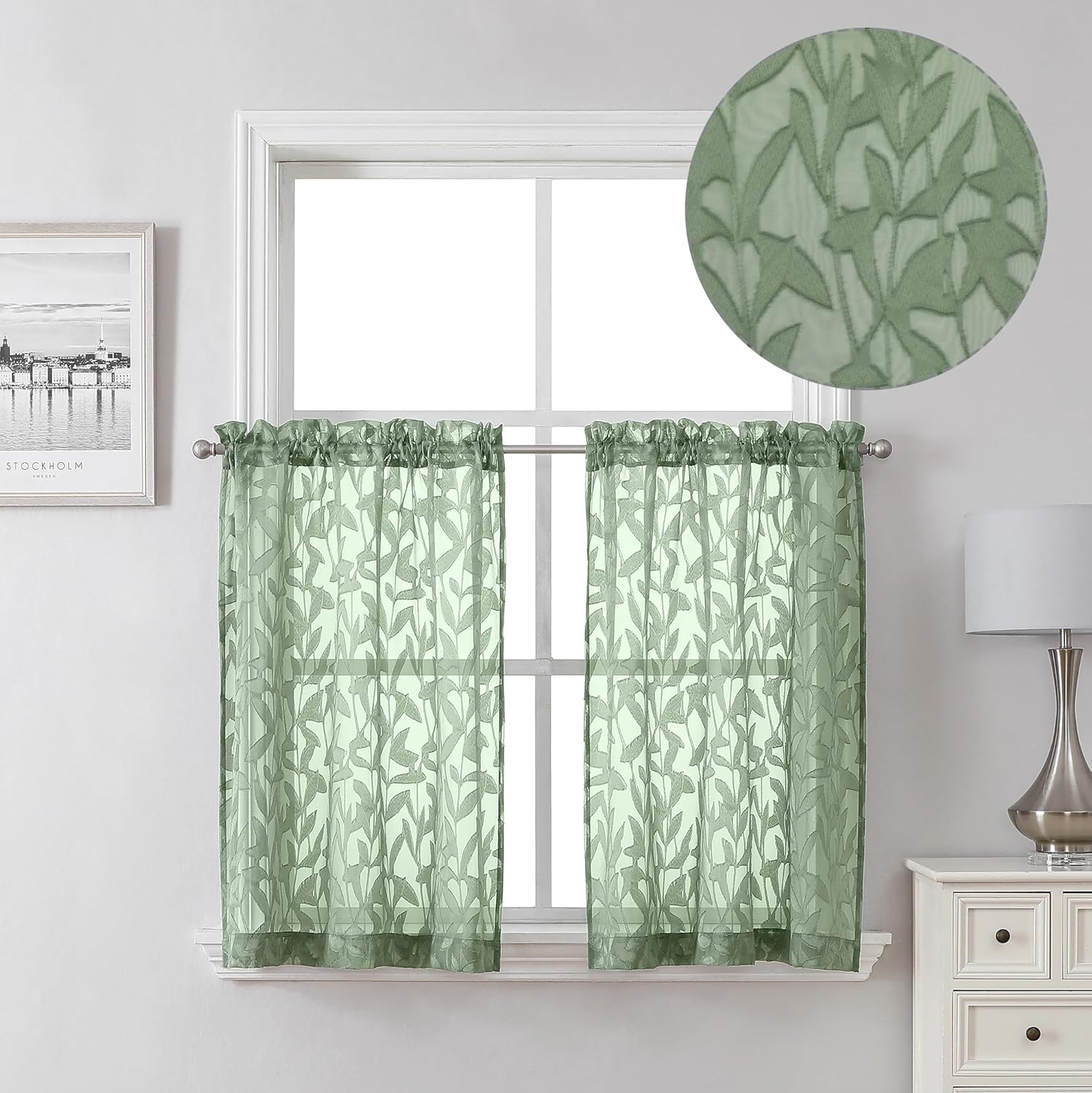 Leia 36 Inch Sheer Curtains Sage Green Tiers for Kitchen 2 Pieces, Double Rod Po