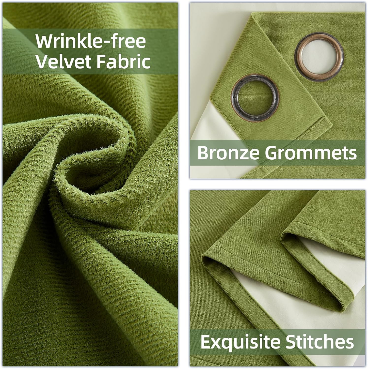 Moss Green Velvet Blackout Curtains 108″ Long, 2 Panels, Thermal Insulated