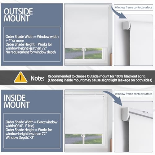 Cordless Blackout Window Roller Shades, Pull Down Spring 23″W x 72″H White