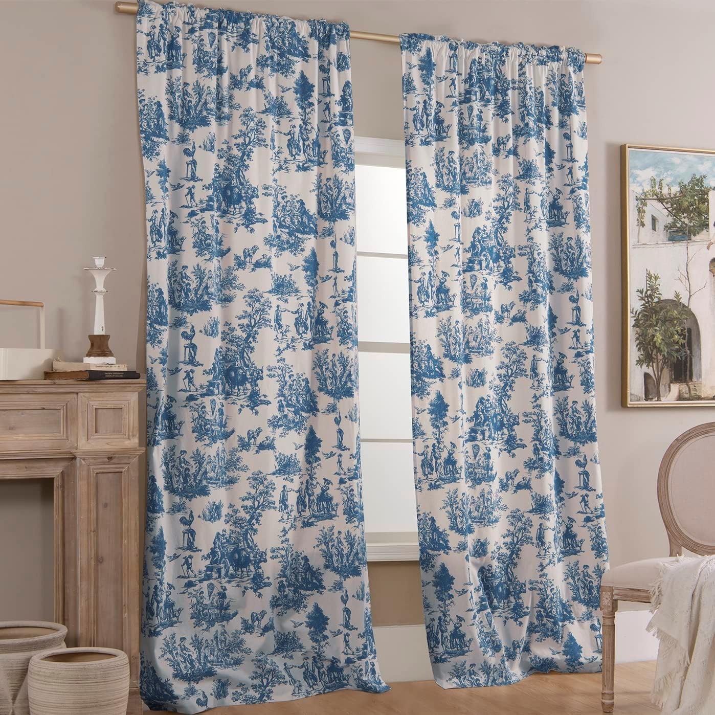 Blue & White Curtains 96″ Long 2 Panels Living Room Window Drapes Moderate Black