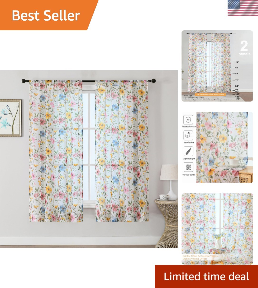 Vibrant Floral Sheer Curtains – 42×63 Inch Set of 2, Light Filtering Elegance