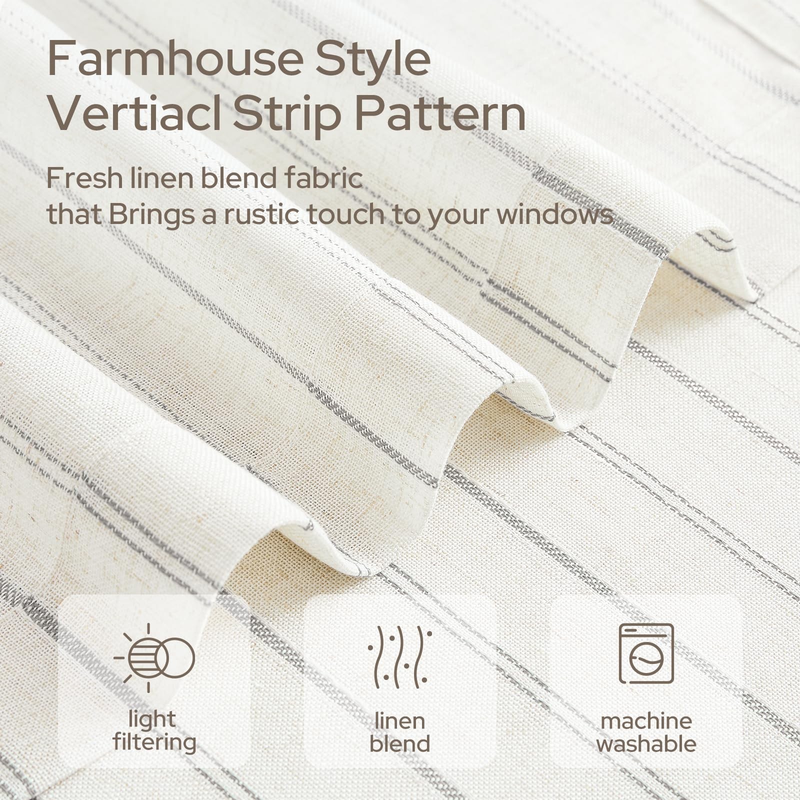Striped Linen Kitchen Curtains 36 inches, Boho Farmhouse Light Filtering Natu…