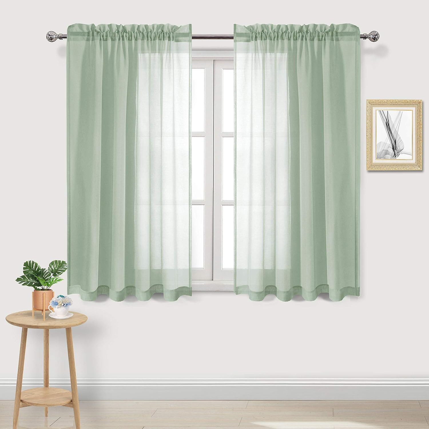 Bean Green Sheer Curtains Semi Transparent Voile Rod Pocket Curtains for Bedroom