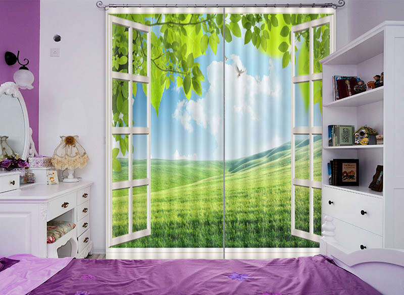 Refreshing Green Grass 3D Curtain Blockout Photo Printing Curtains Drape Fabric
