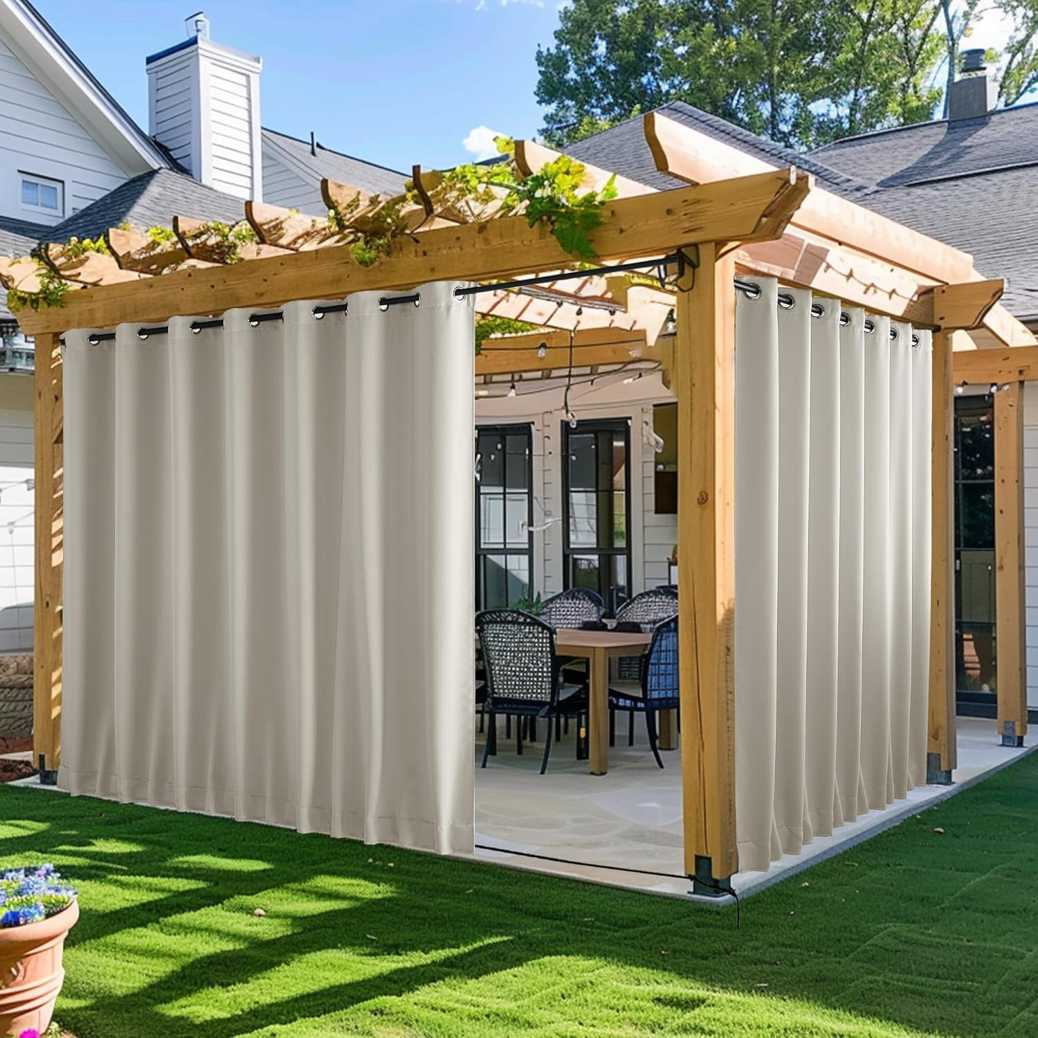 2 Panels Outdoor Curtains for Patio Waterproof & Windproof, Extra Wide Grommet &
