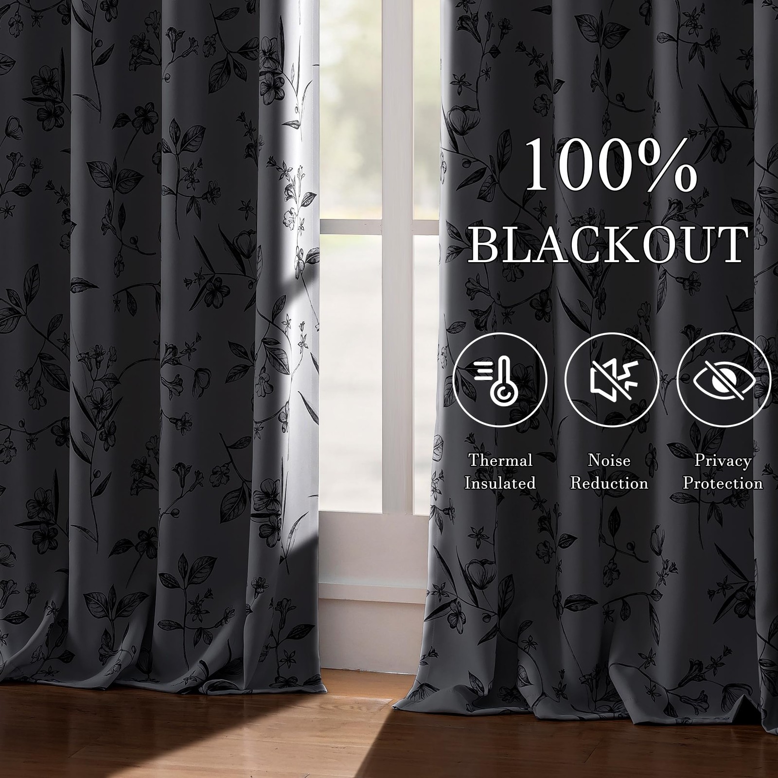 ChrisDowa 100% Blackout Floral Curtains 63 Inches Long 2 Panels for Bedroom