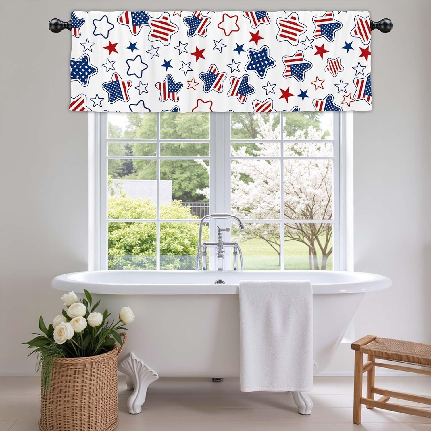Easy Install 54×18 Red Blue Star Kitchen and Bedroom Curtains – Machine Washable
