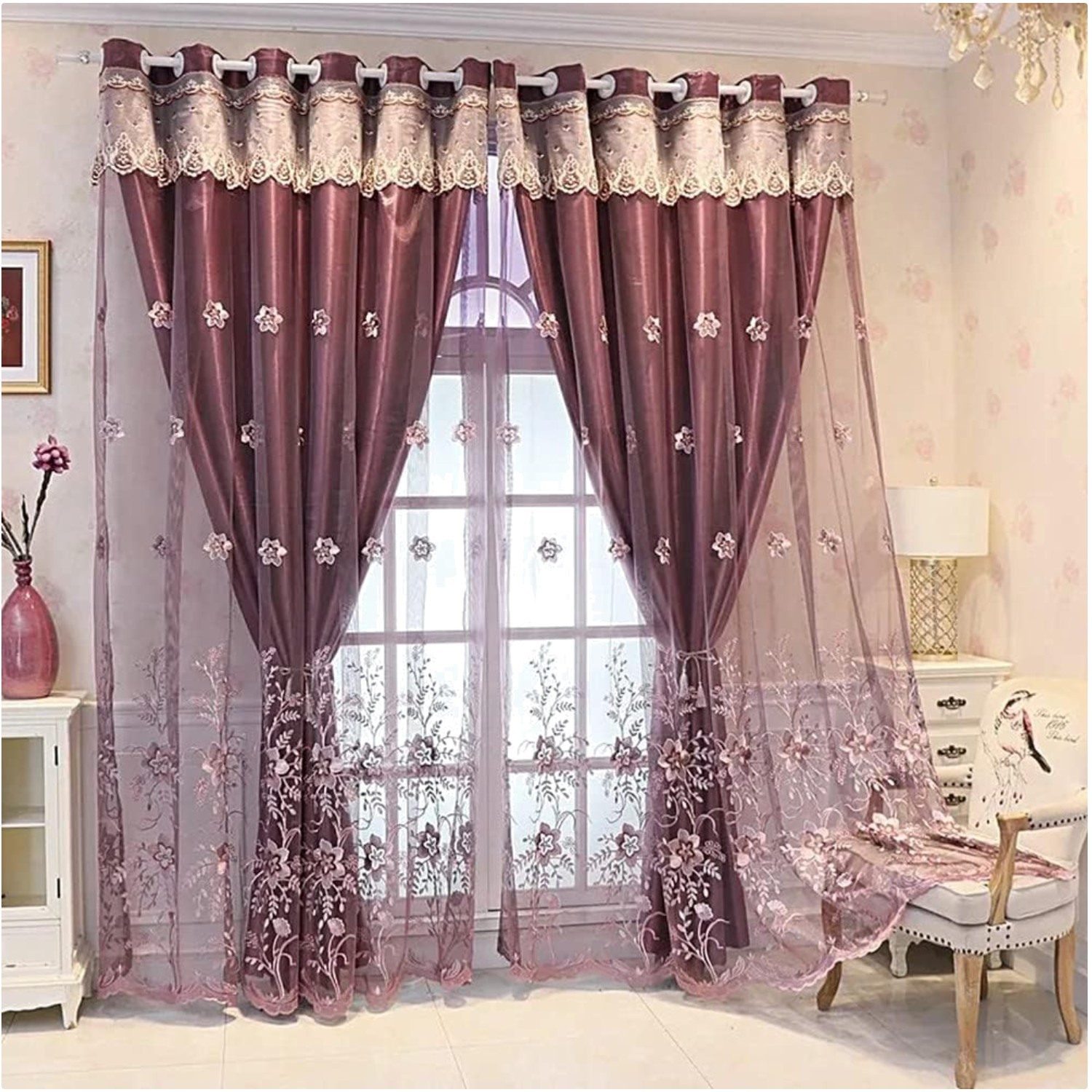 Luxury Flower Embroidered Double Layer Curtains, Blackout, 54×84 Inches – Purple