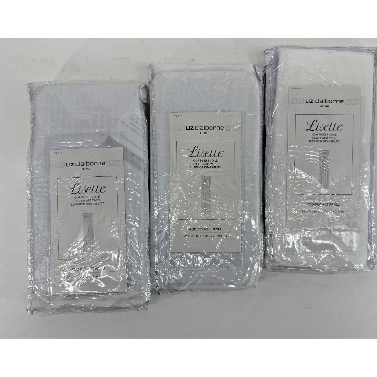 Lot of 3 Liz Claiborne Lisette Sheer Curtain Panels 60×84 Cool White Rod Pocket