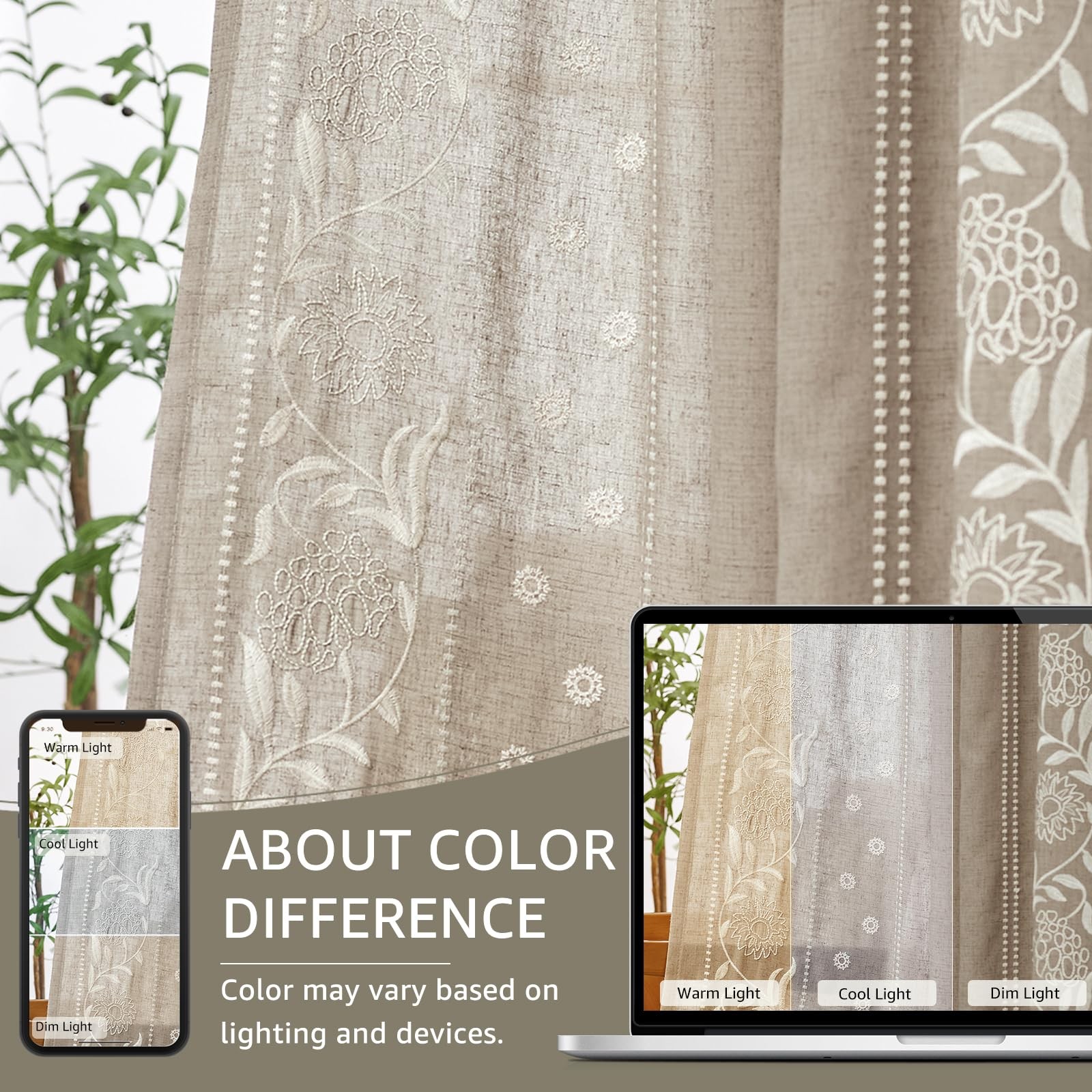 Winslow Linen Curtains for Bedroom 84 Inches Length Ivory on Taupe Embroidere…