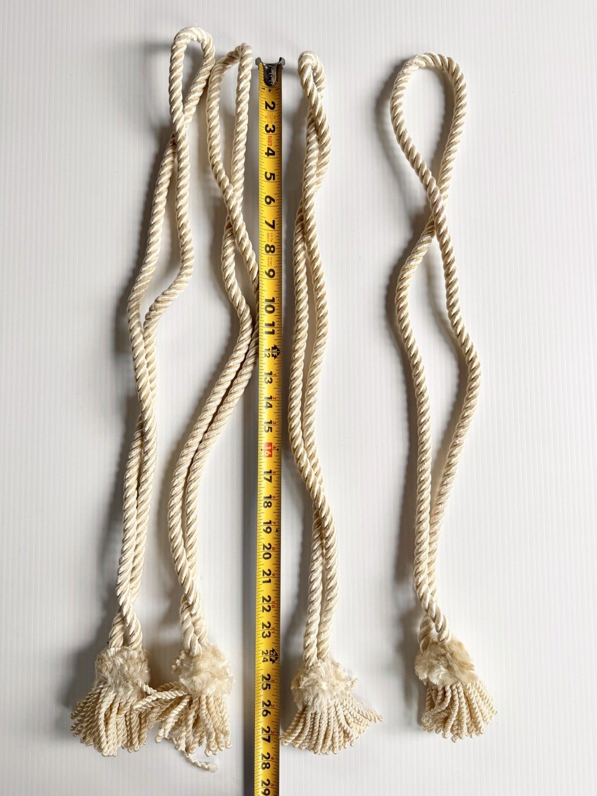 Set Of 4 Ivory Curtain Tie Backs Braided Rope w/ Tassels