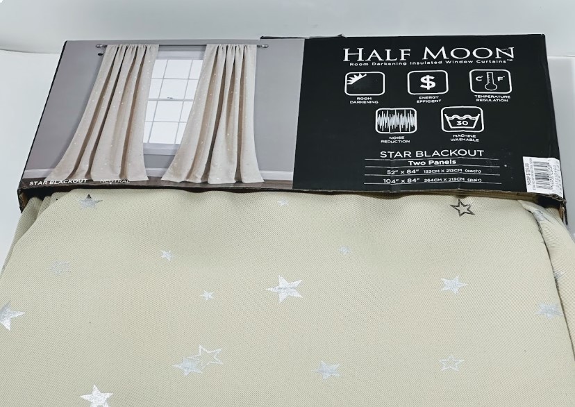 Half Moon & Star Blackout Curtain Panels Set – 52″x84″ Cream Thermal Insulated