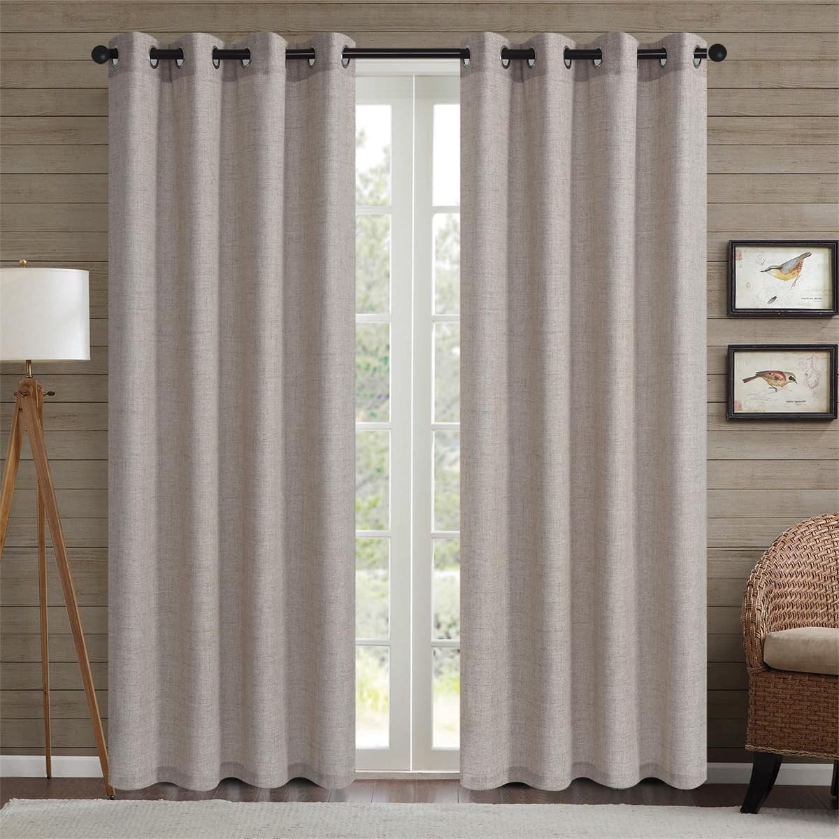 2 Panels Khaki Faux Linen Sheer Curtains, Grommet Top Solid Semi Sheer Drapes
