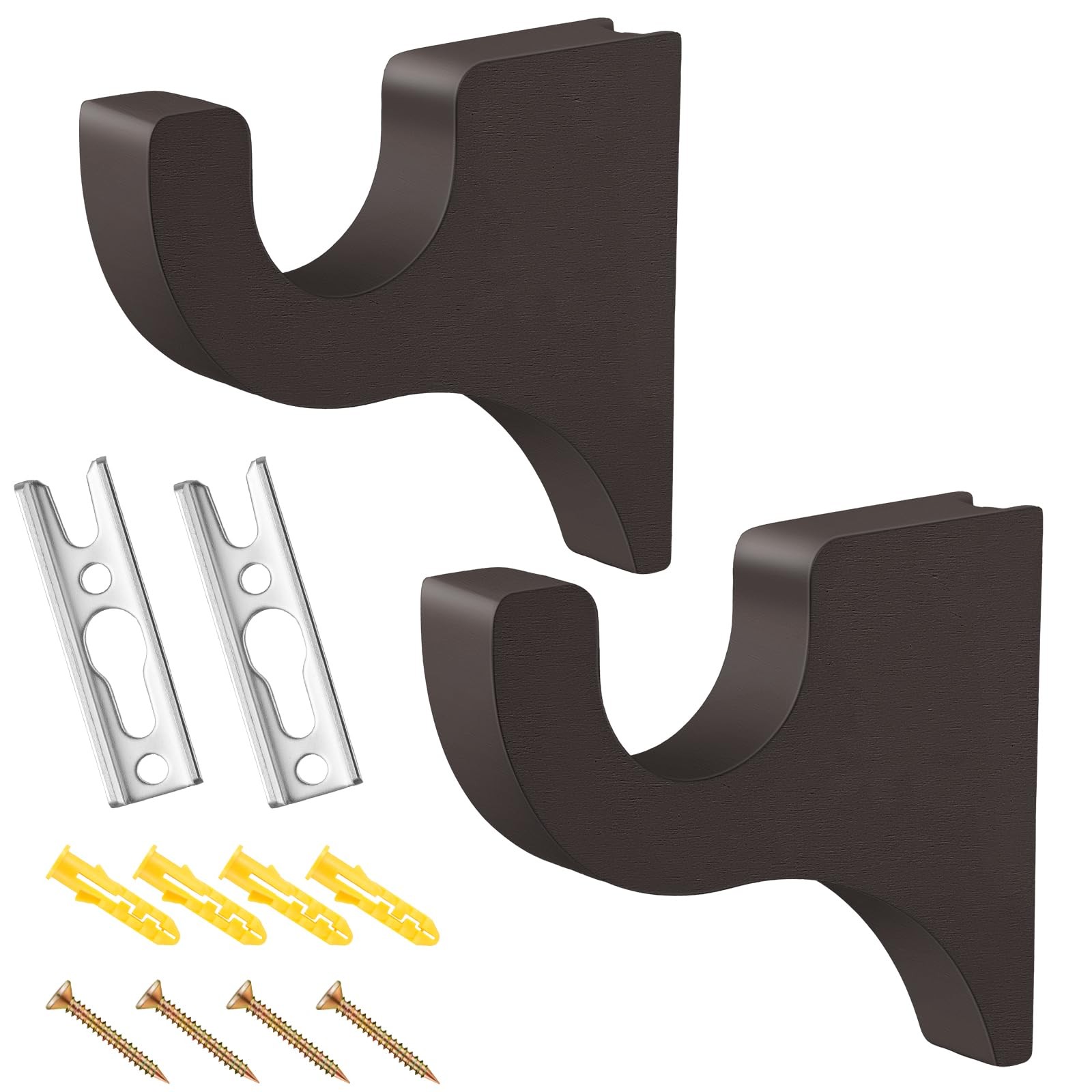 2 PCS Brown Wood Window Curtain Rod Holder Bracket Classic 3 1/2 In 2 In Pole