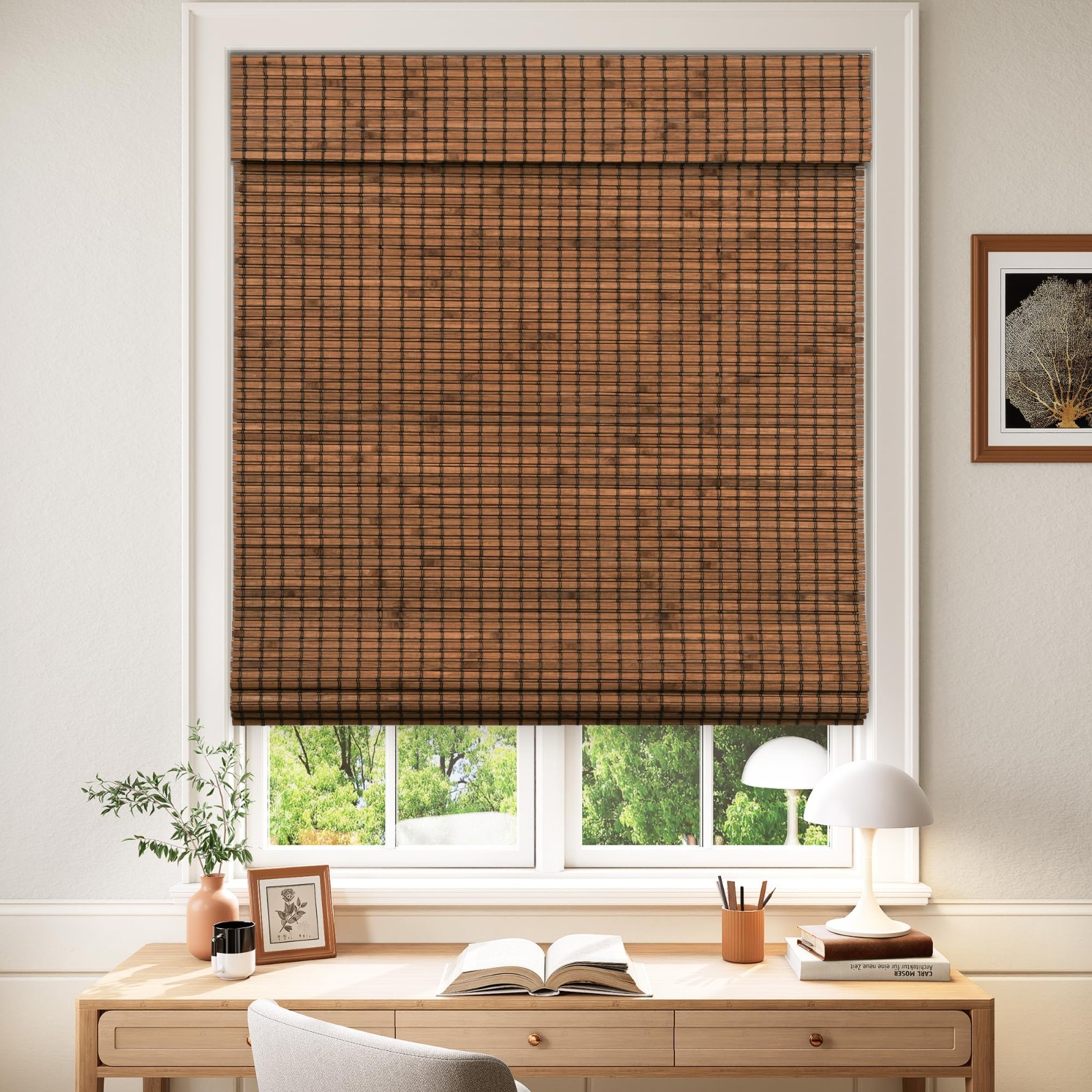 LazBlinds Cordless Blackout Bamboo Roman Shades, Room Darkening Blinds for Inter