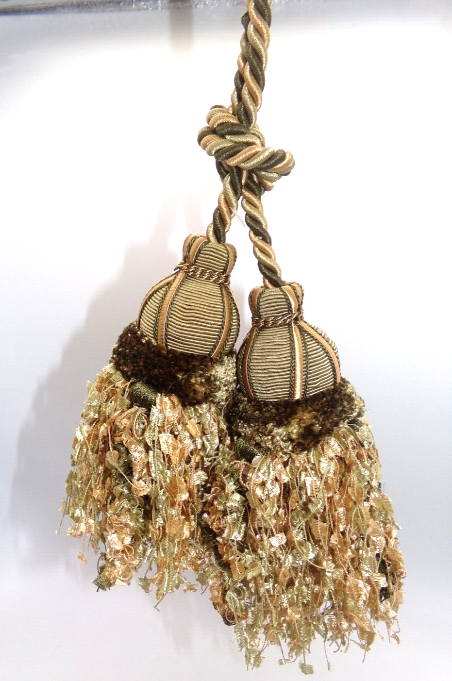 Decorative Tan and Olive Green Confetti fringe Double Tassel Curtain Tieback