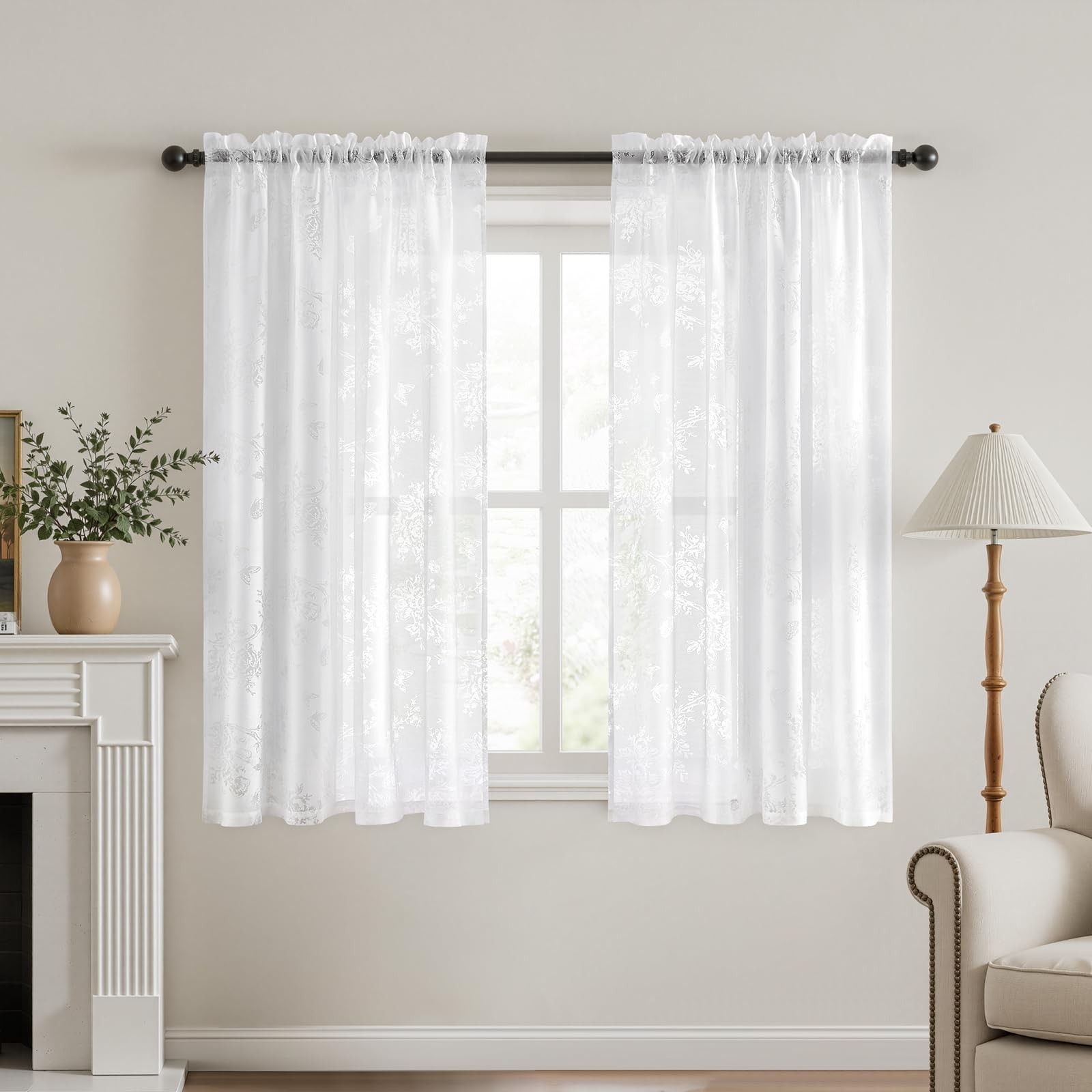 Floral White Sheer Curtains, Cute Butterfly Hollow Pattern Semi Sheer Curtain…