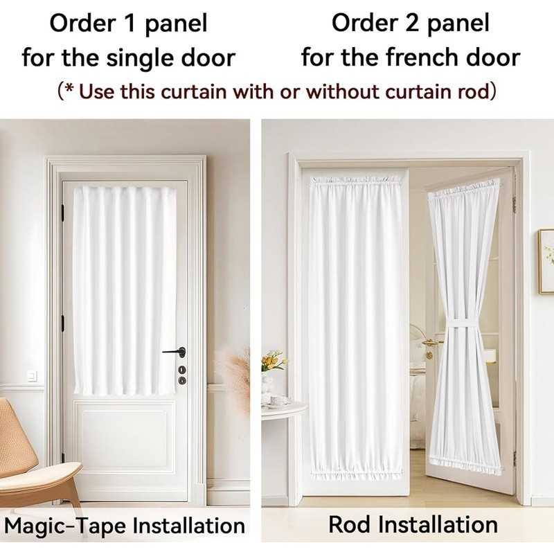 Adjustable Tie-Back Blackout Curtain Panel W/ Adhesive Strips Easy Install Doors