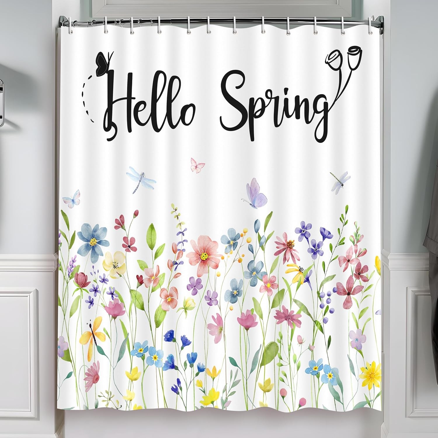 Spring Floral Shower Curtain Bathroom Decor Colorful Flower Butterflies with 12