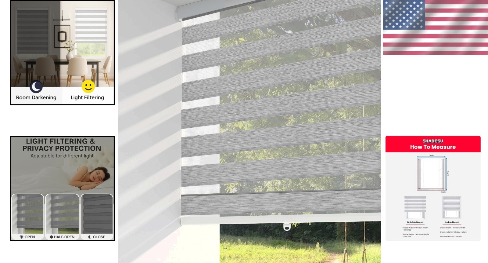 Versatile Cordless Zebra Shades 34” W x 72” H in Grey – Effortless Light Control
