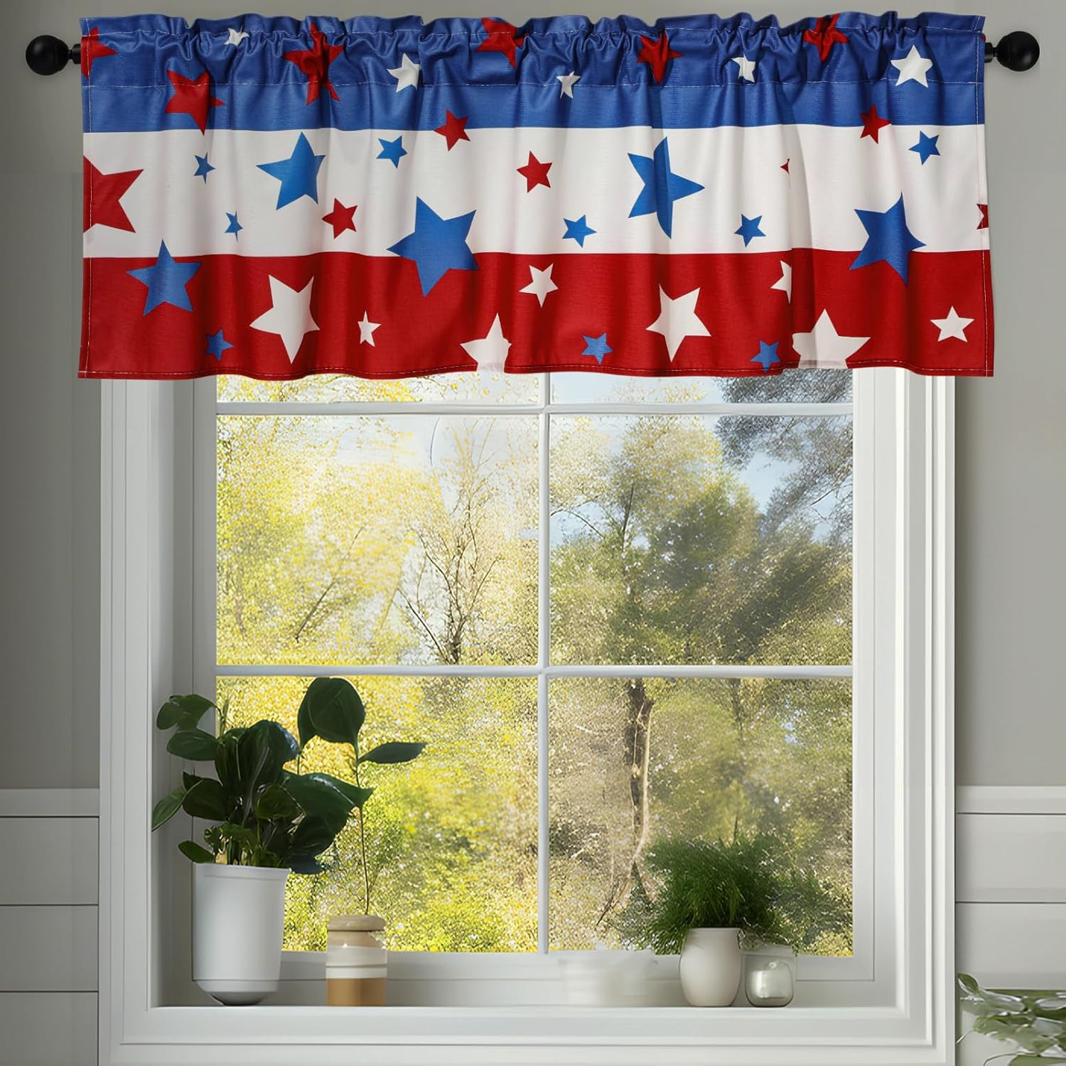 2 Pack Patriotic Curtain Valance for Windows Red White and Blue Star Short Curta