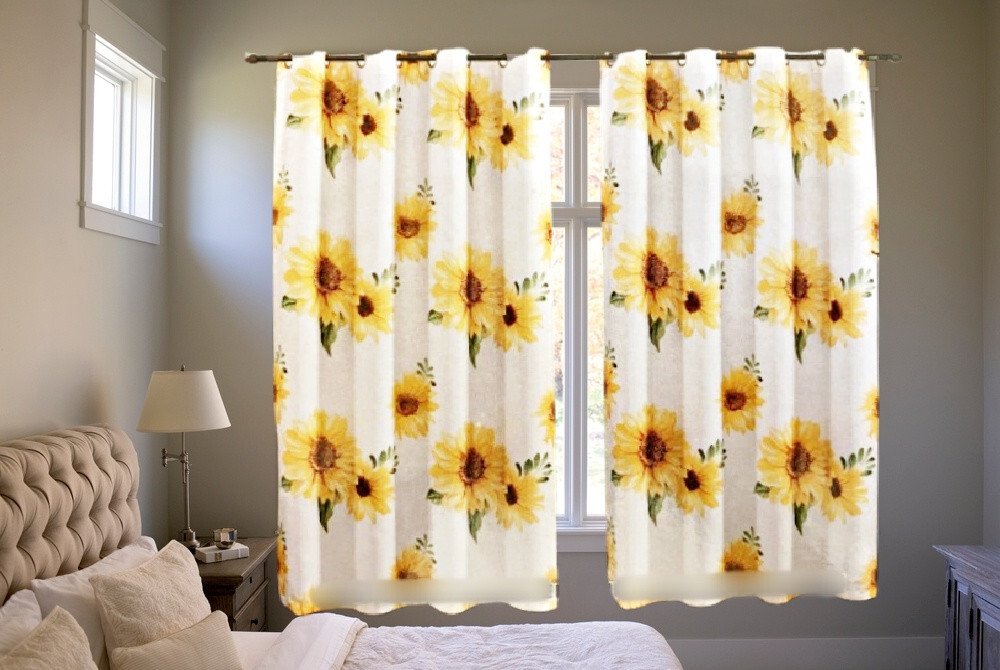 1 SET Printed Sunflower Suede Blackout Grommet Window Curtain Panel 108″W x 84″L